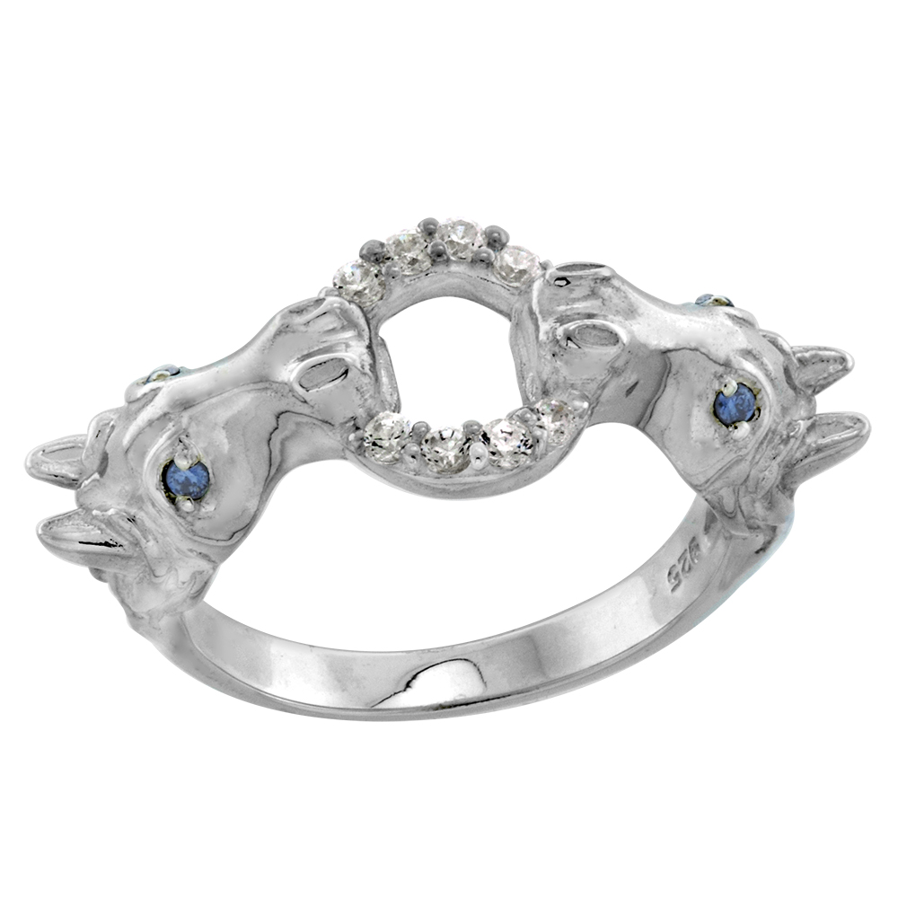 STERLING SILVER CZ DOOR KNOCKER DOUBLE HORSEHEAD RING FOR WOMEN BLUE EYES FLAWLESS HIGH POLISH 1/2 INCH WIDE SIZE 6 TO 9