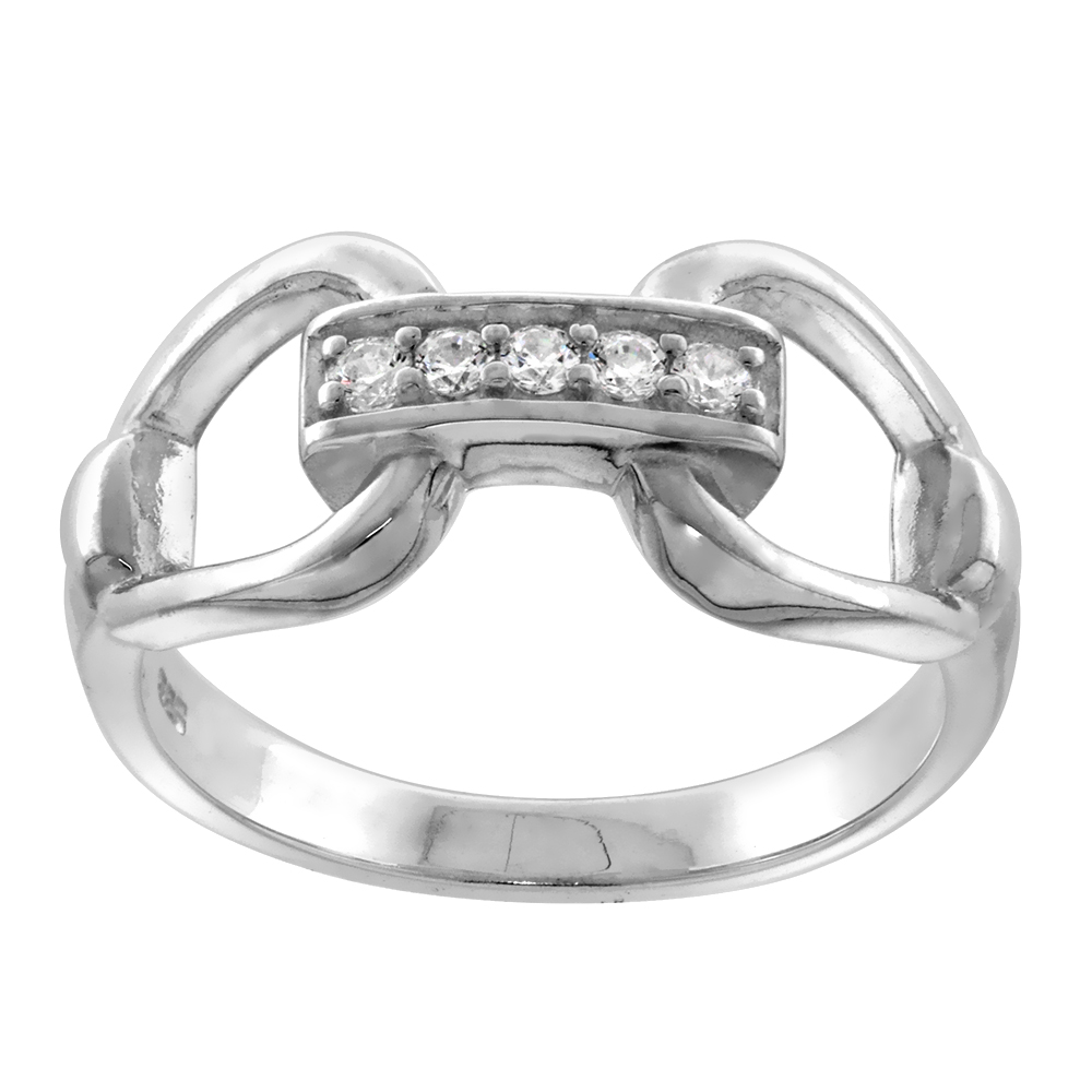 STERLING SILVER CUBIC ZIRCONIA BAR DOUBLE STIRRUPS RING FOR WOMEN FLAWLESS POLISHED FINISH 3/8 INCH WIDE SIZE 6 TO 9