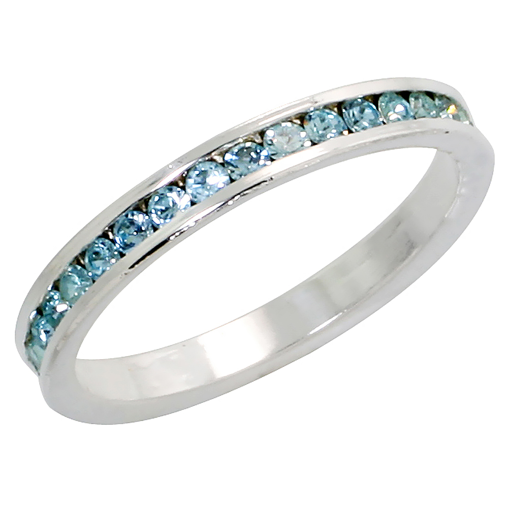 Sterling Silver Stackable Eternity Band, March Birthstone, Aquamarine Crystals, 1/8&quot; (3 mm) wide