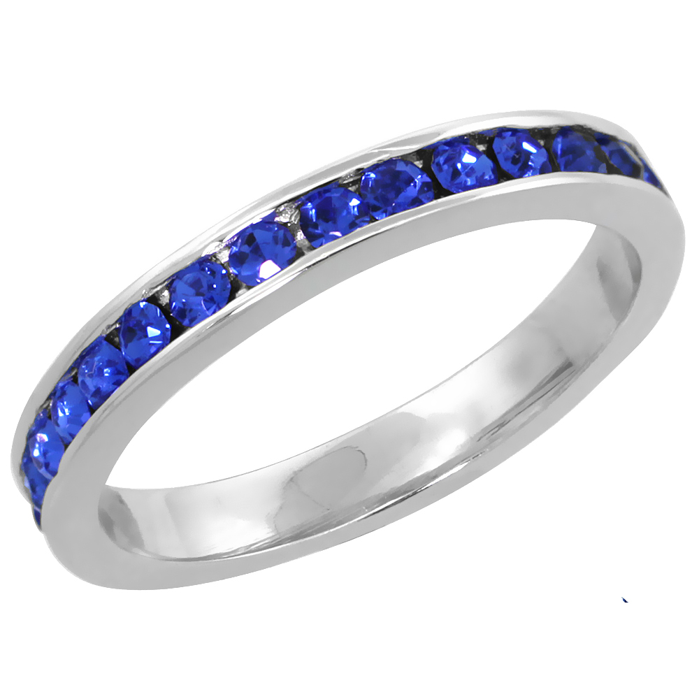 Sterling Silver Stackable Eternity Band, September Birthstone, Sapphire Crystals, 1/8" (3 mm) wide