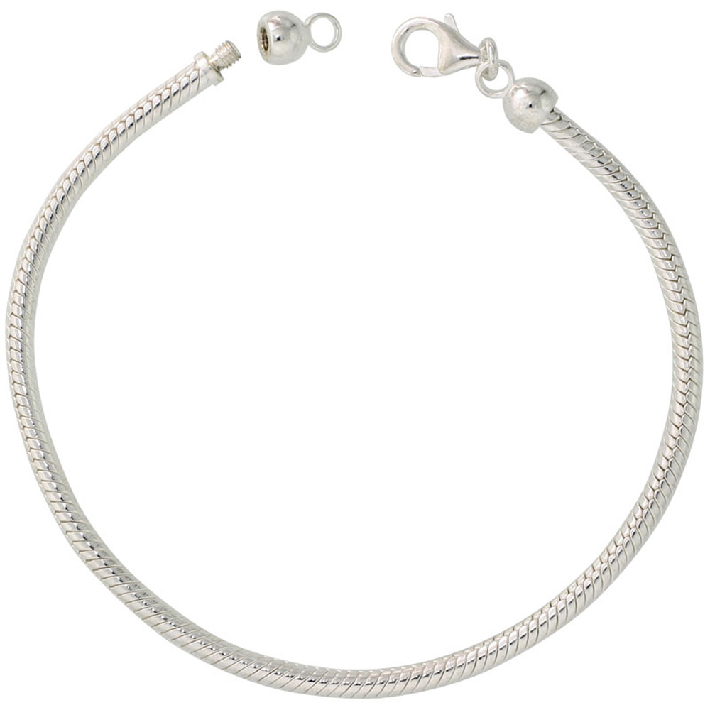 STERLING SILVER SNAKE CHAIN CHARM BRACELET 3MM SCREW CAP PANDORA COMPATIBLE NICKEL FREE ITALY, 7.5-8 INCH