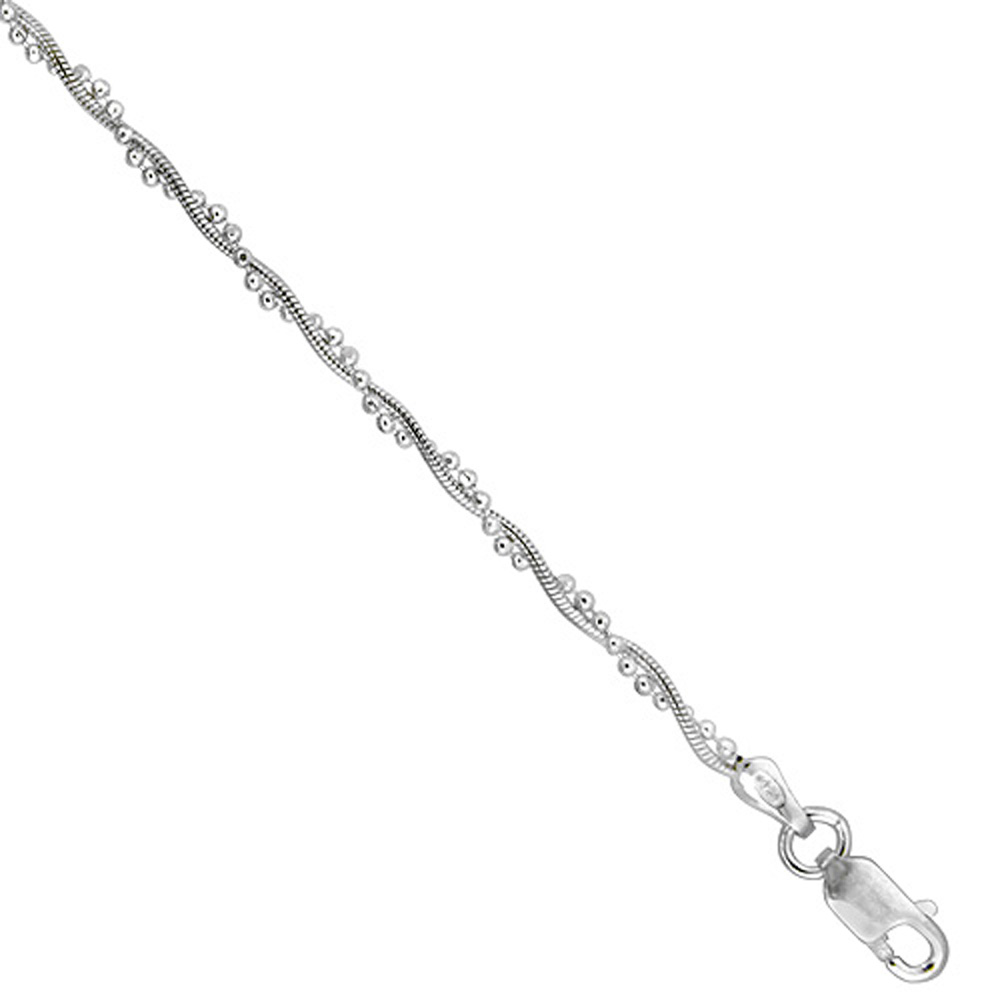 STERLING SILVER TWISTED SNAKE AND BEAD CHAIN NECKLACE NICKEL FREE ITALY, 1/8 INCH WIDE, 7-30 INCH