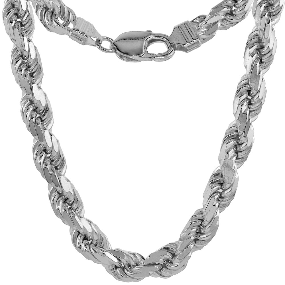 VERY THICK 8MM STERLING SILVER DIAMOND-CUT ROPE CHAIN NECKLACES AND BRACELETS FOR MEN HANDMADE NICKEL FREE ITALY 20 INCH