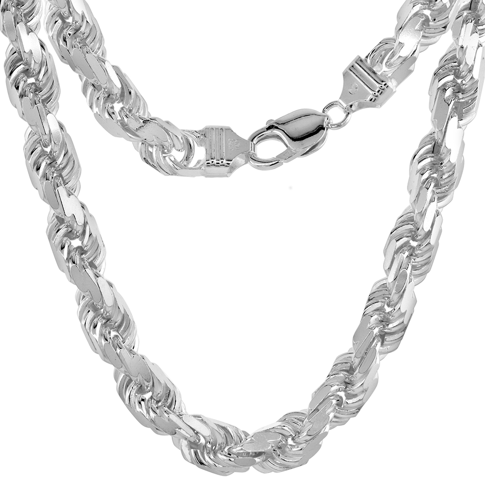 9MM STERLING SILVER DIAMOND-CUT ROPE CHAIN NECKLACES AND BRACELETS FOR MEN HANDMADE NICKEL FREE ITALY 8 - 30 INCH