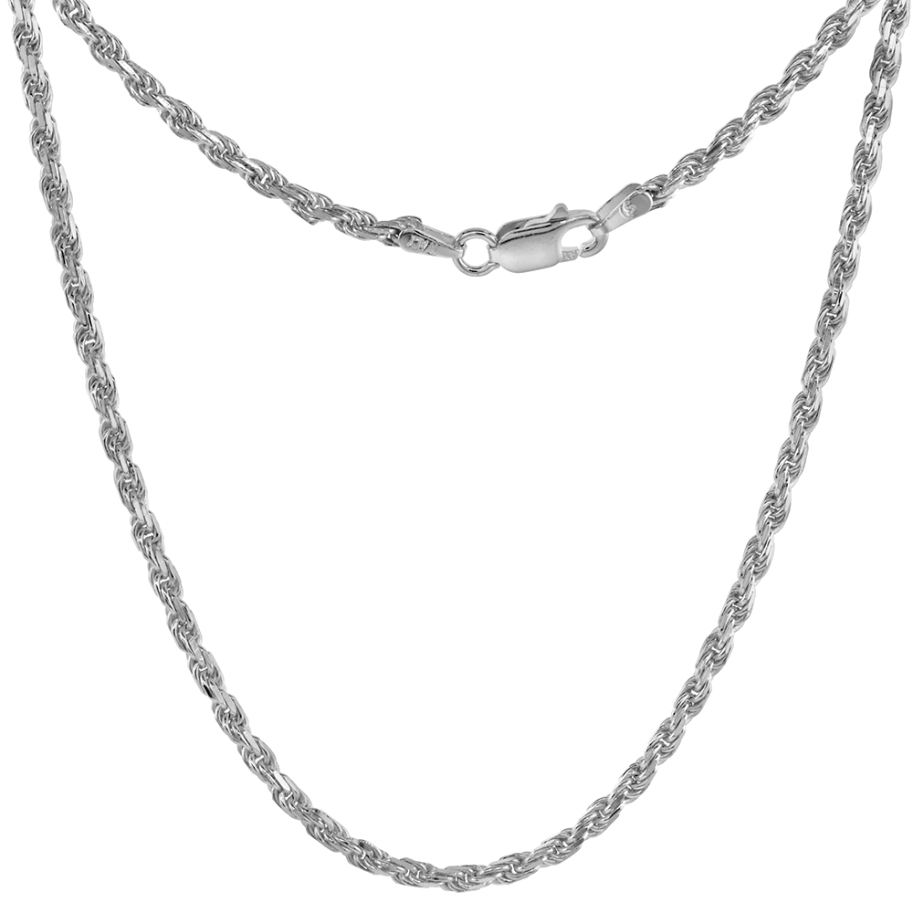 STERLING SILVER ROPE CHAIN NECKLACES & BRACELETS 2.4 MM DIAMOND CUT NICKEL FREE ITALY, SIZES 7 - 30 INCH