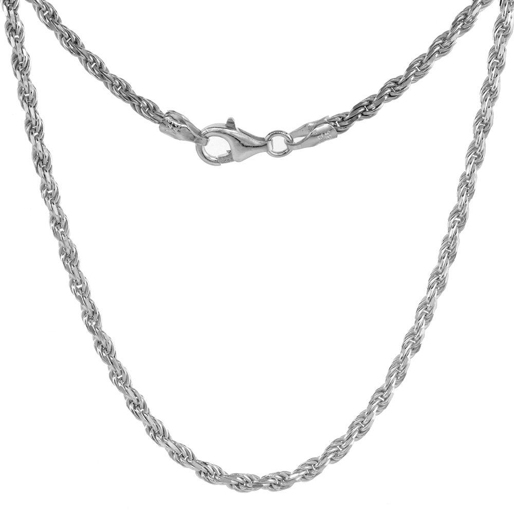 STERLING SILVER ROPE CHAIN NECKLACES & BRACELETS 2.6MM DIAMOND CUT NICKEL FREE ITALY, SIZES 7 - 30 INCH