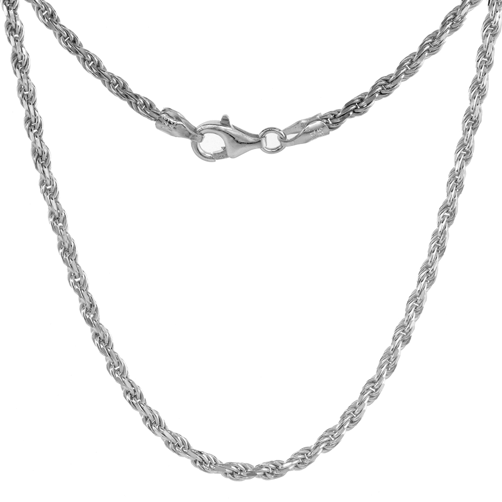 Sterling Silver Rope Chain Necklaces & Bracelets 2.6mm Diamond cut Nickel Free Italy, sizes 7 - 30 inch