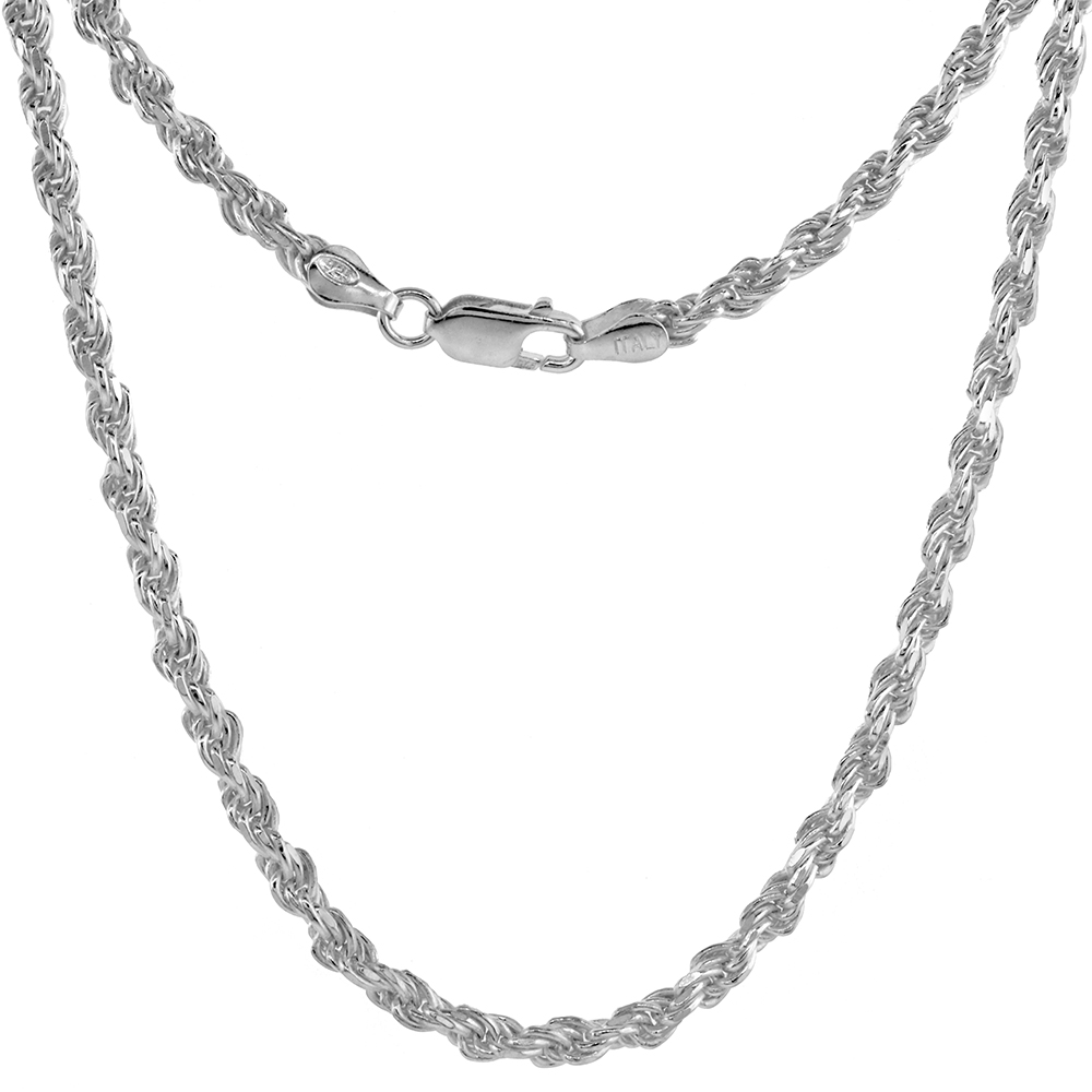 STERLING SILVER ROPE CHAIN NECKLACES & BRACELETS 3MM DIAMOND CUT NICKEL FREE ITALY, SIZES 7 - 30 INCH
