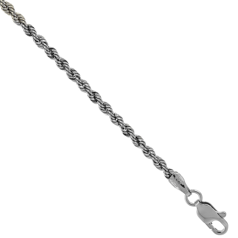 STERLING SILVER ROPE CHAIN NECKLACES &amp; BRACELETS 3MM RHODIUM FINISH ITALY, SIZES 7 - 30 INCH