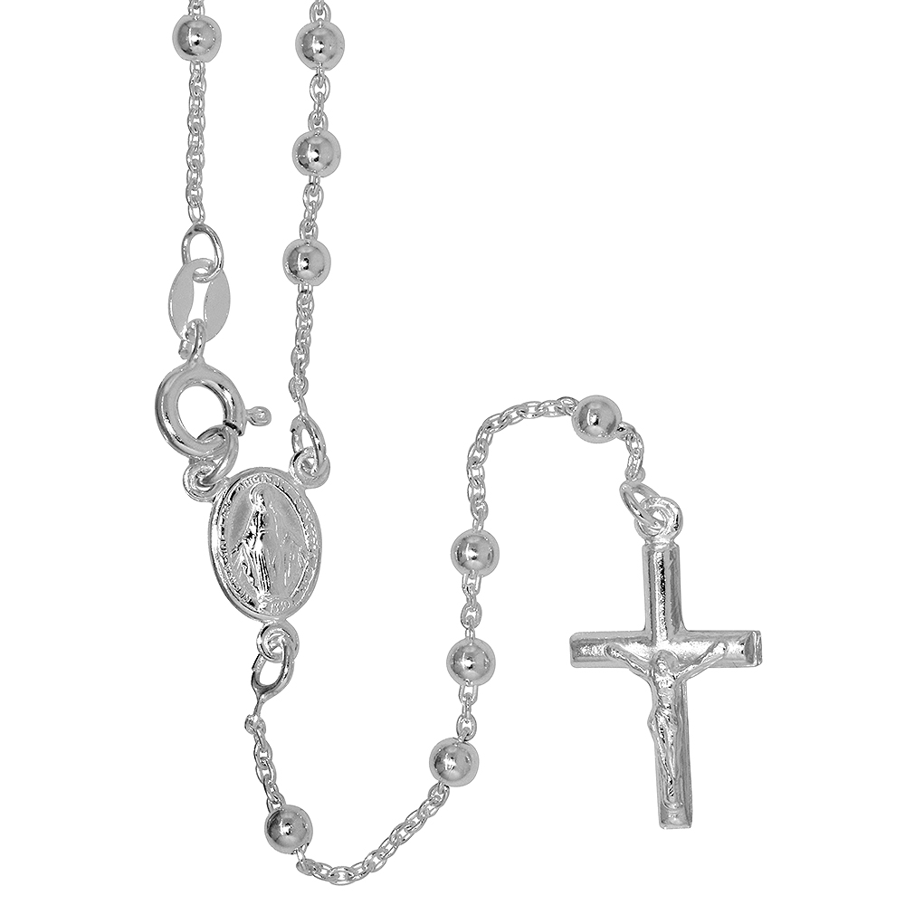 Sterling Silver 6mm Rosary Necklace for Women and Men Miraculous Medal Center Nickel Free Italy