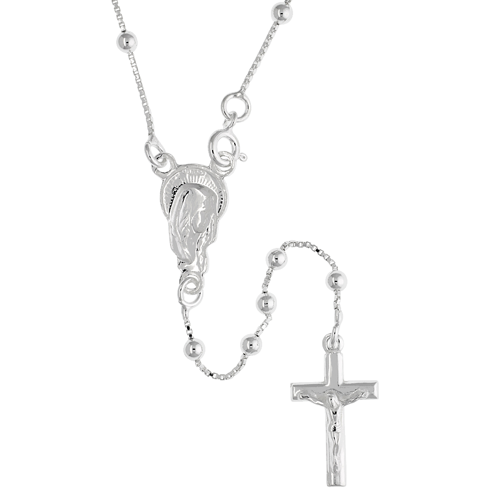 STERLING SILVER ROSARY NECKLACE 3MM BEADS ON LIGHT BOX CHAIN MADE IN ITALY