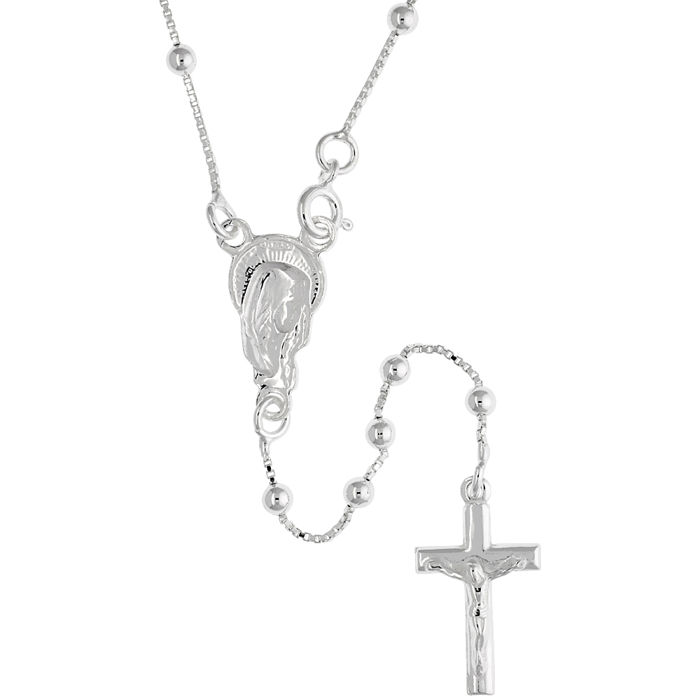 Sterling Silver Rosary Necklace 3mm Beads on light Box Chain made in Italy