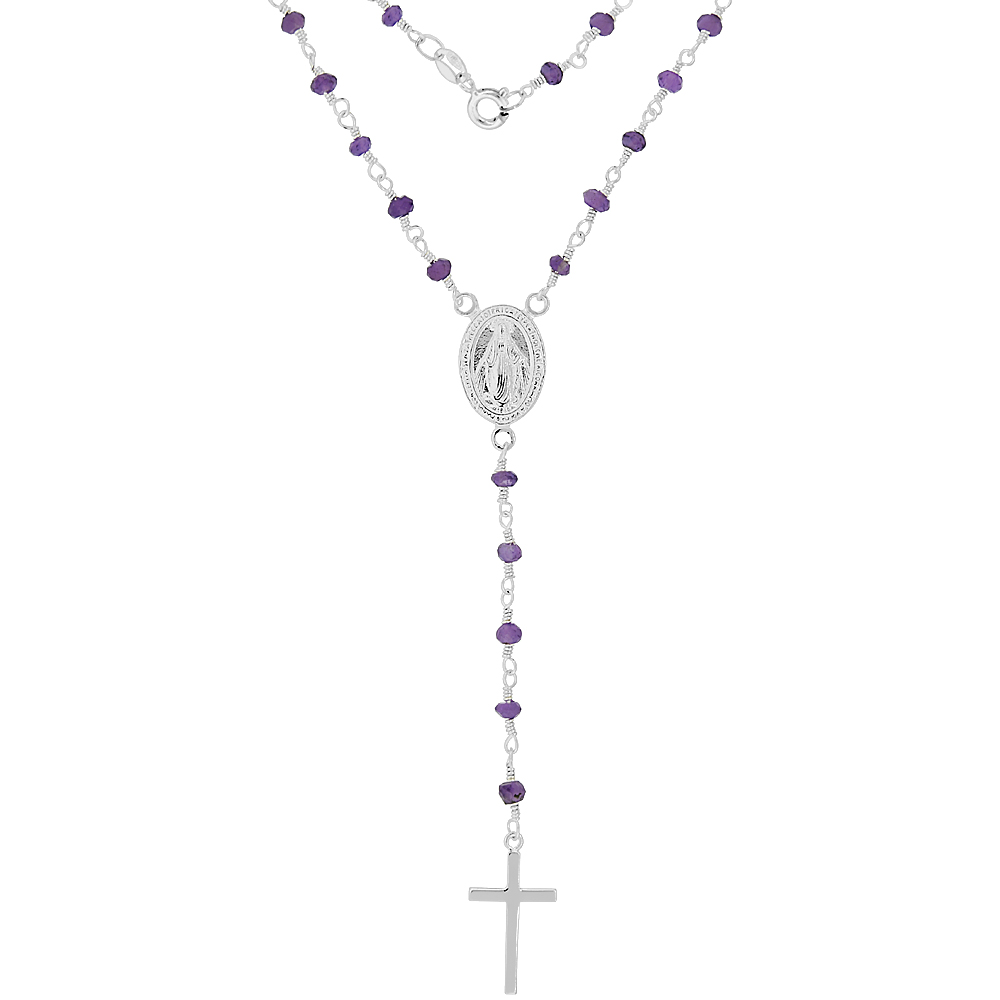 Sterling Silver Dainty 3mm Faceted Amethyst Rosary Necklace Genuine Amethyst Handmade 18 inch