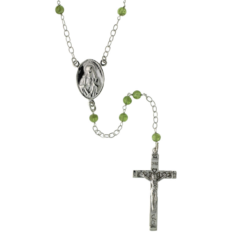 Sterling Silver 4mm Genuine Peridot Rosary Necklace Mother Mary &amp; Sacred Heart of Jesus 26 inch