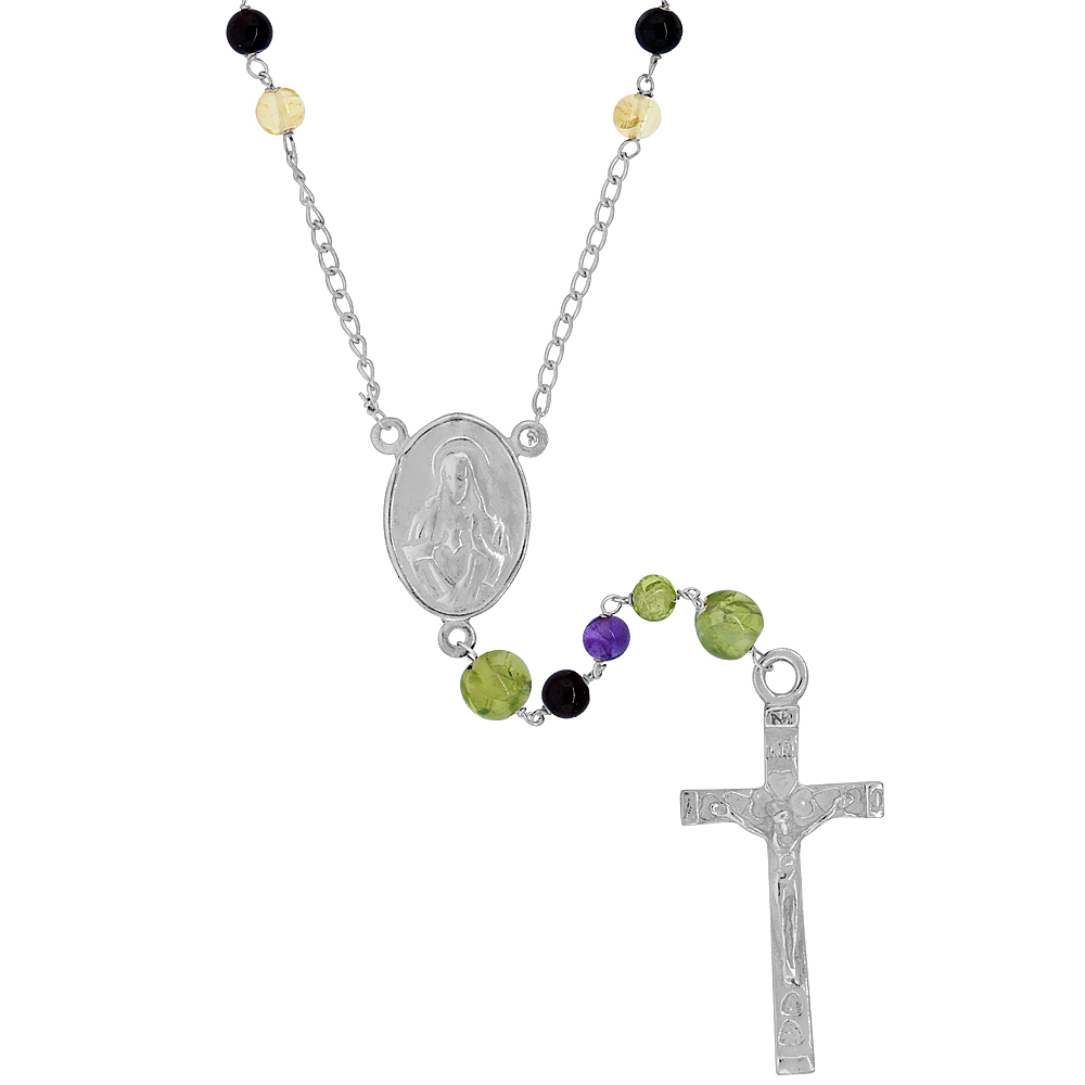 Sterling Silver 4mm Genuine Tourmaline Rosary Necklace Mother Mary & Sacred Heart of Jesus Center 25 inch