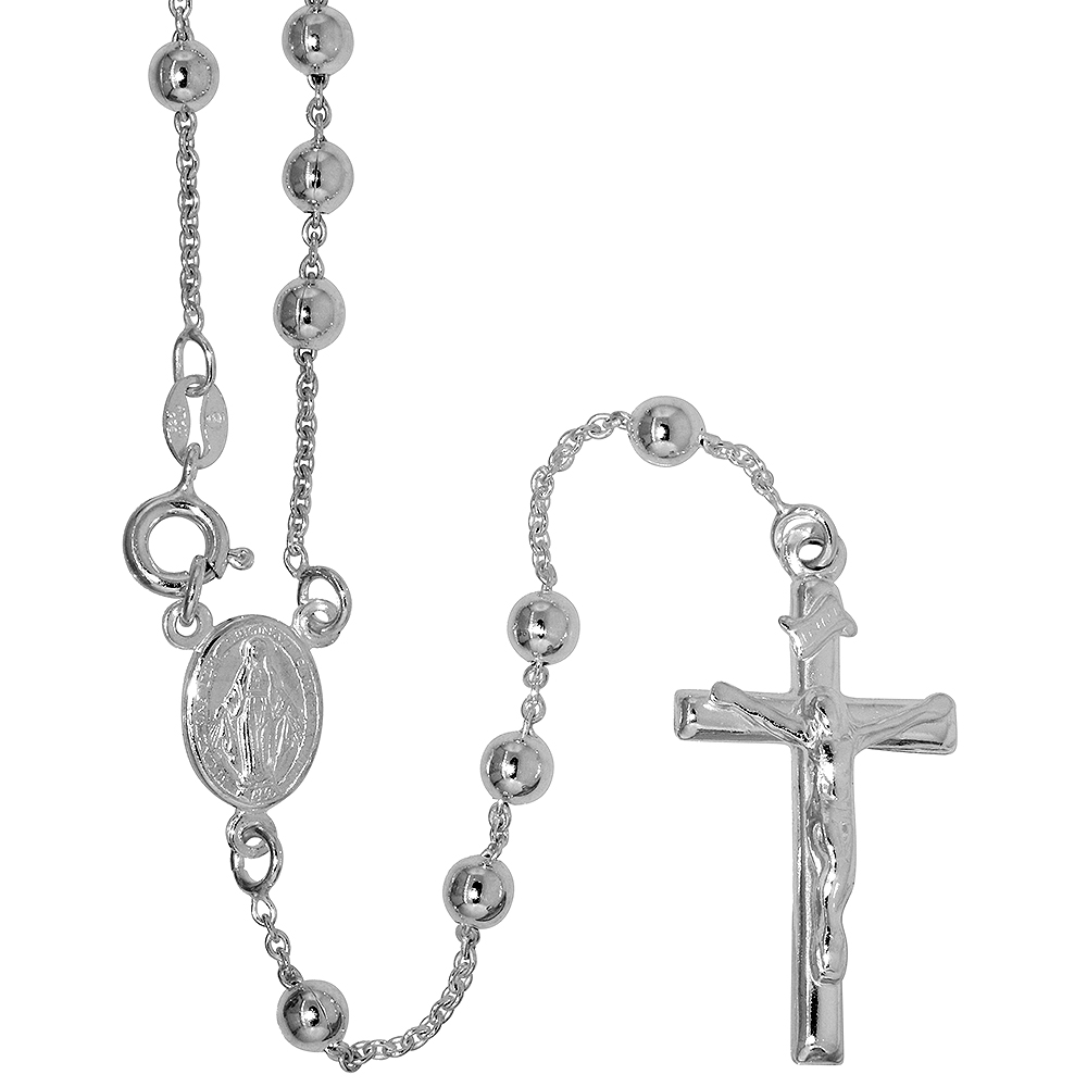 Sterling Silver 4mm Rosary Necklace for Women and Men Miraculous Medal Center Nickel Free Italy