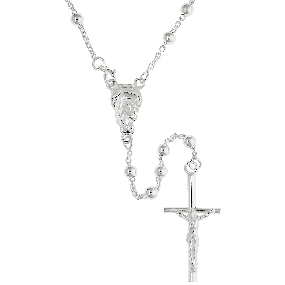 STERLING SILVER ROSARY NECKLACE 4 MM BEADS MADE IN ITALY