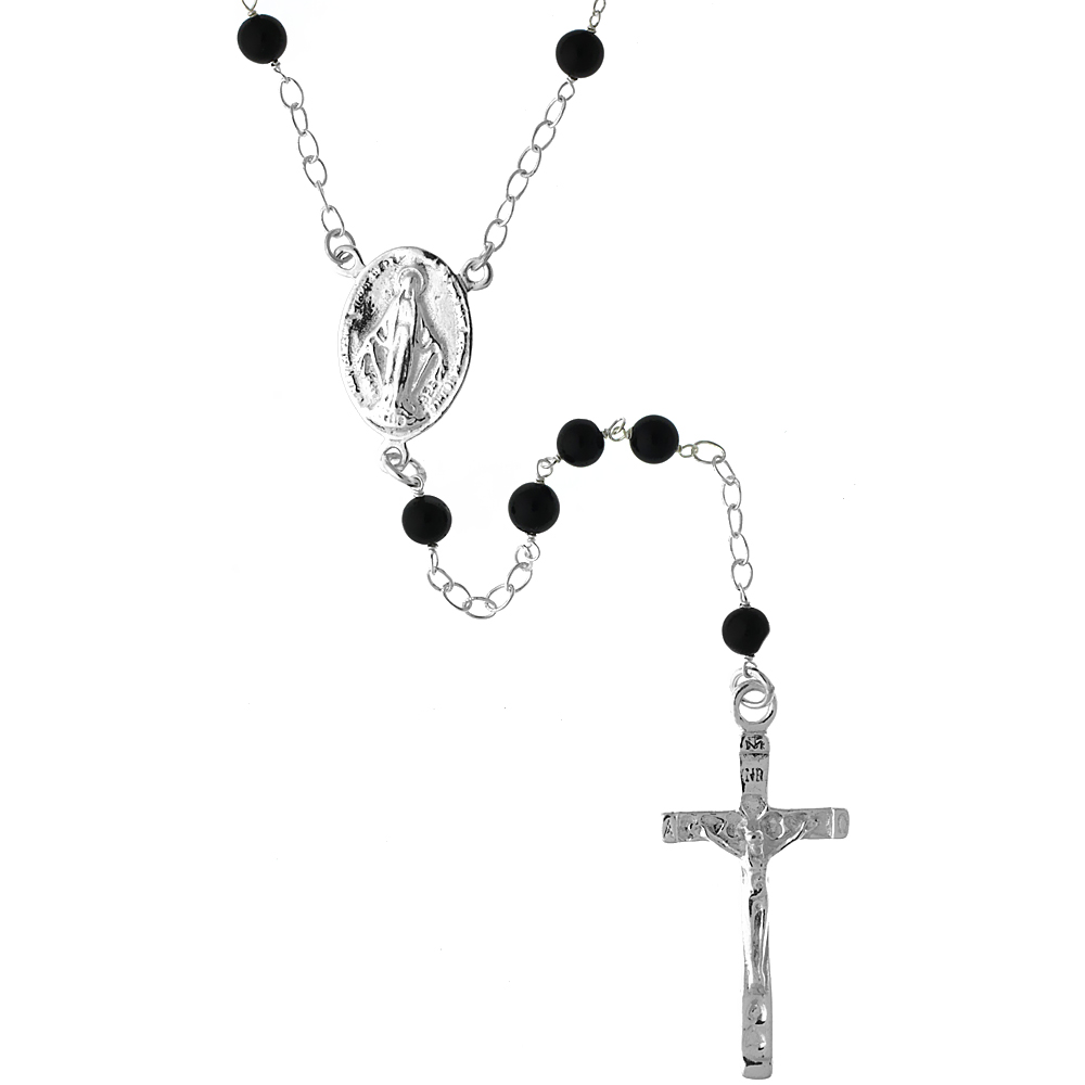 Sterling Silver 4mm Genuine Black Onyx Rosary Necklace Mother Mary &amp; Sacred Heart of Jesus 26 inch