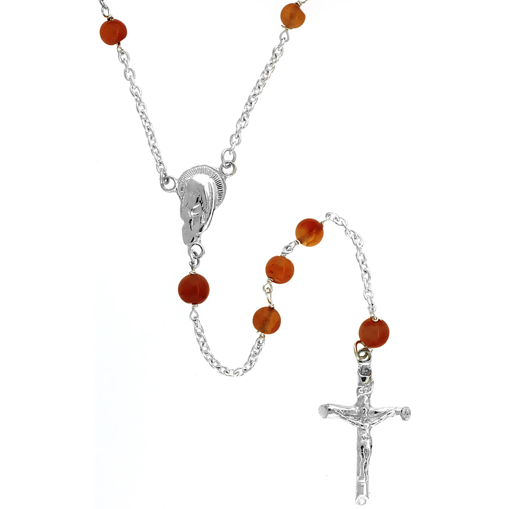 Sterling Silver 4mm Genuine Carnelian Rosary Necklace Mother Mary Center 26 inch