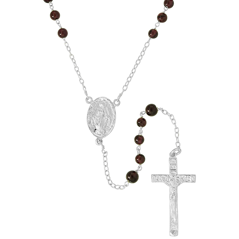Sterling Silver 6mm Genuine Garnet Rosary Necklace Mother Mary &amp; Sacred Heart of Jesus 30 inch