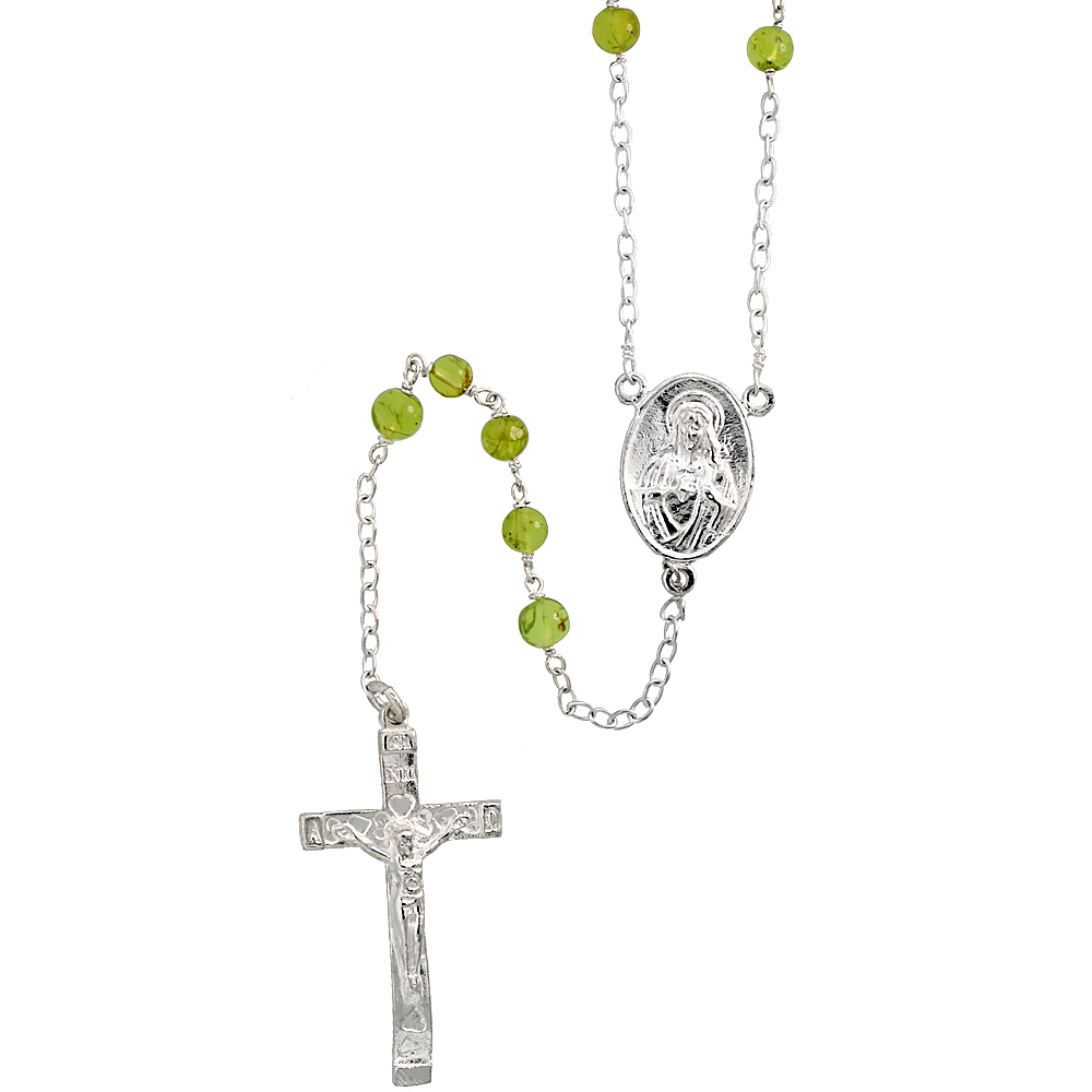 Sterling Silver 6mm Genuine Peridot Rosary Necklace Mother Mary &amp; Sacred Heart of Jesus 30 inch