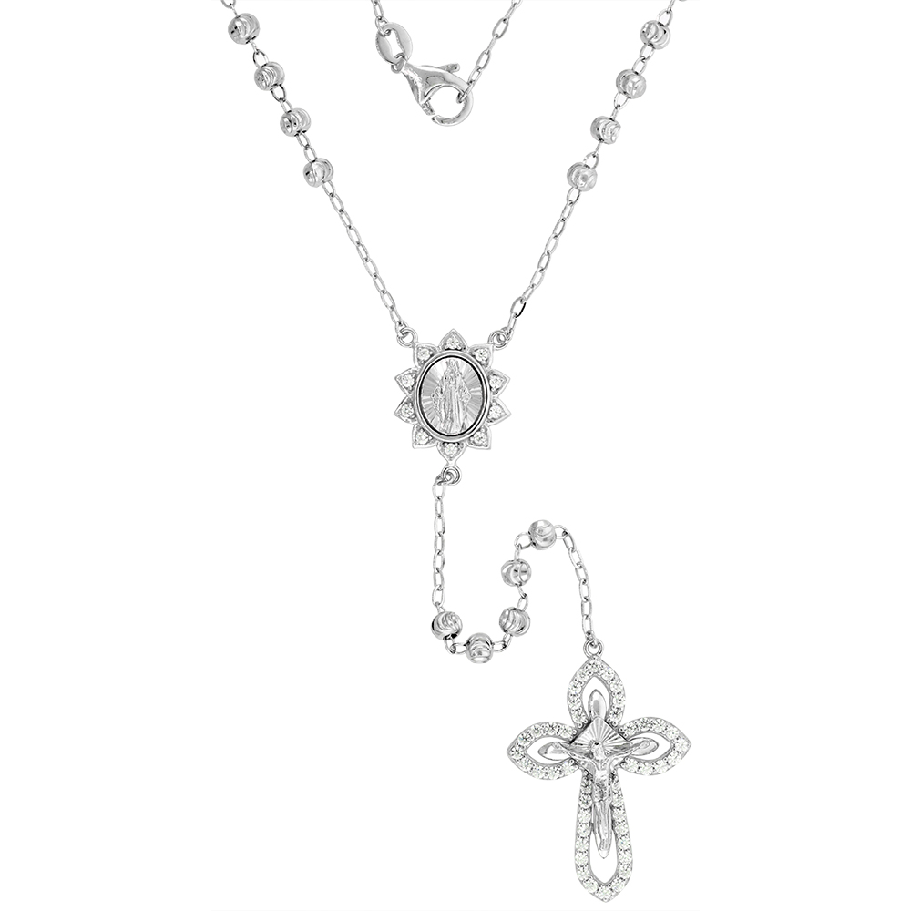 STERLING SILVER CZ ROSARY NECKLACE EVERLASTING CROSS MIRACULOUS CENTER 3MM MOON CUT BEADS RHODIUM FINISHED,20-24 INCH