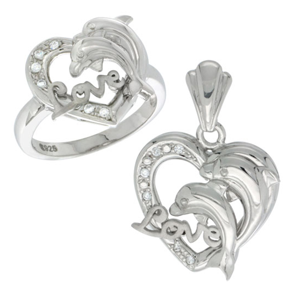 Sterling Silver DOLPHINS HEART LOVE Ring &amp; Pendant Set CZ Stones Rhodium Finished