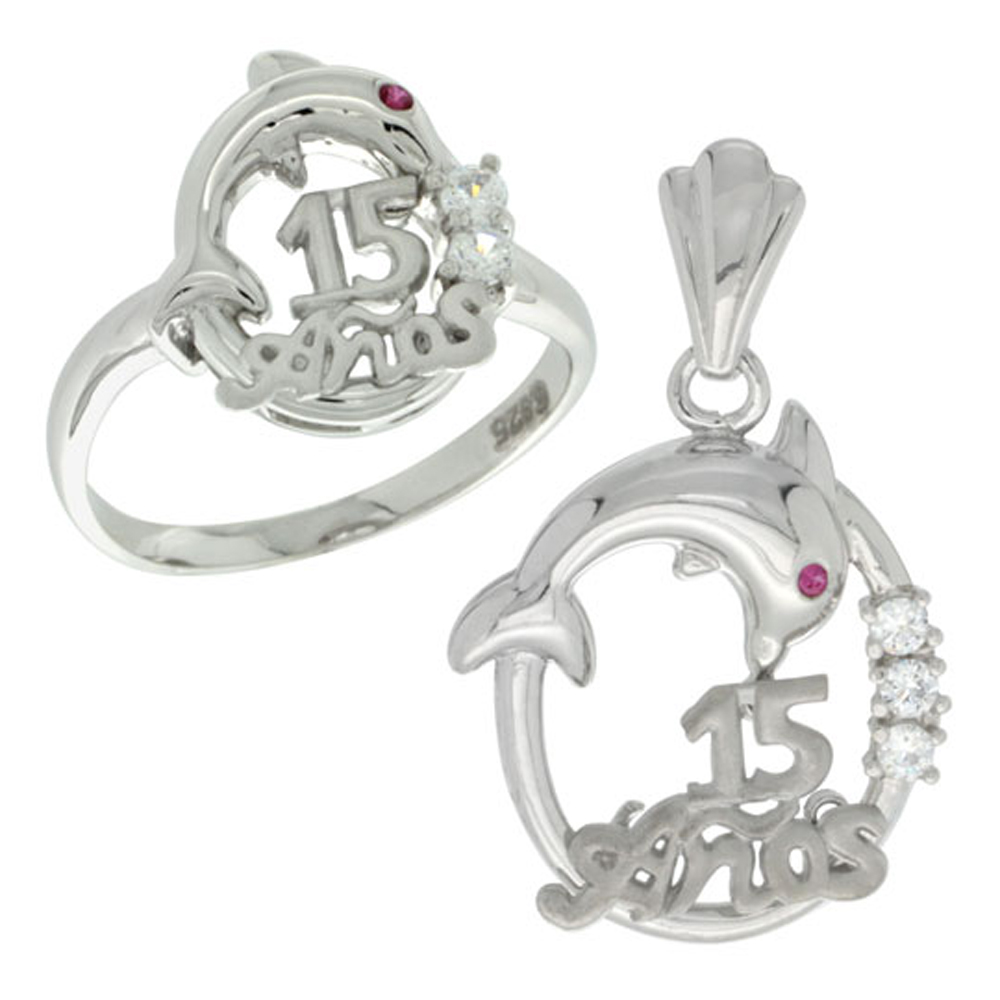 Sterling Silver Quinceanera 15 Anos Dolphin Ring &amp; Pendant Set CZ Stones Rhodium Finished