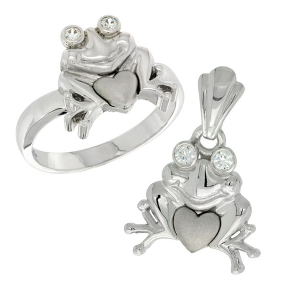 Sterling Silver Frog &amp; Heart Ring &amp; Pendant Set CZ Stones Rhodium Finished