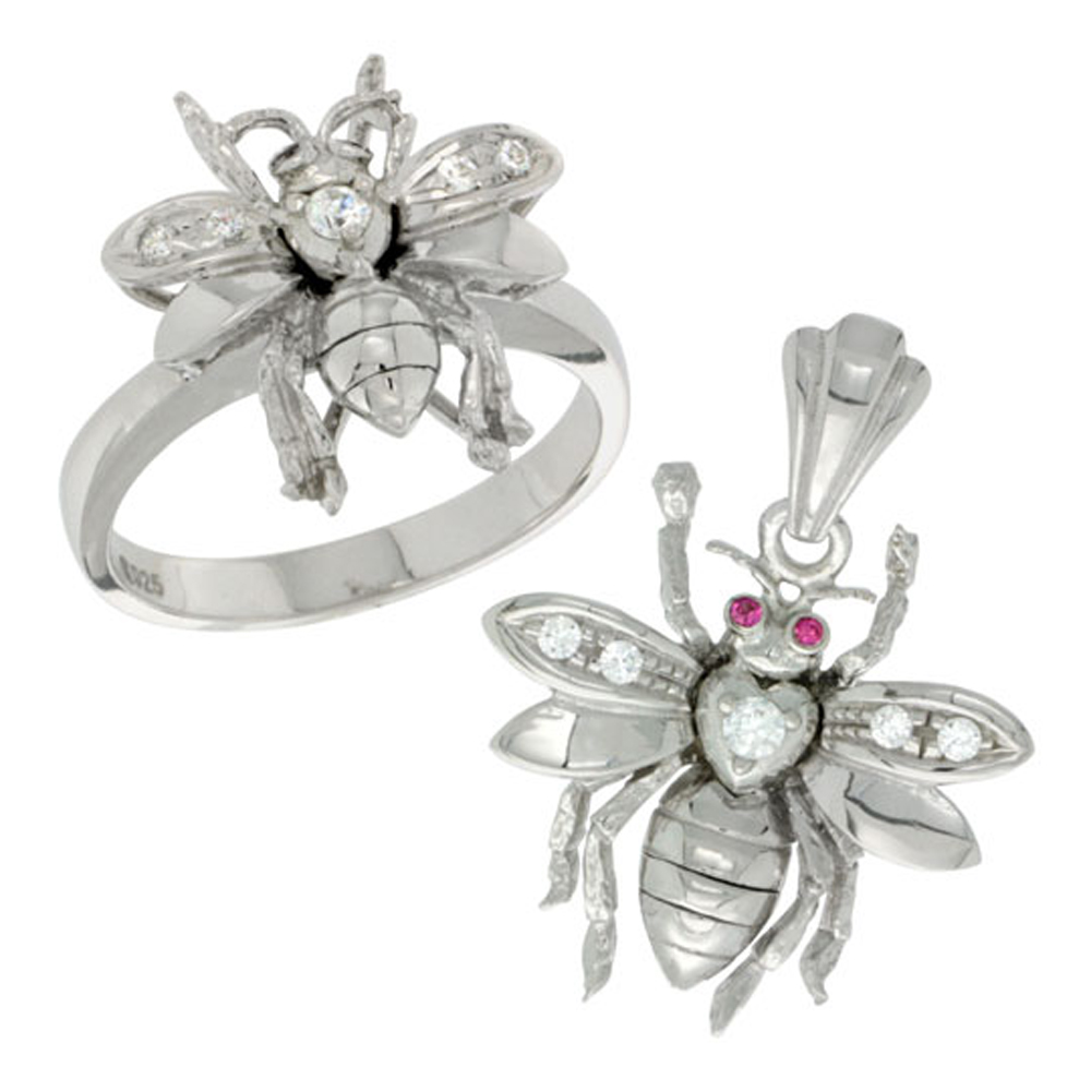 Sterling Silver Bee Ring & Pendant Set CZ Stones Rhodium Finished