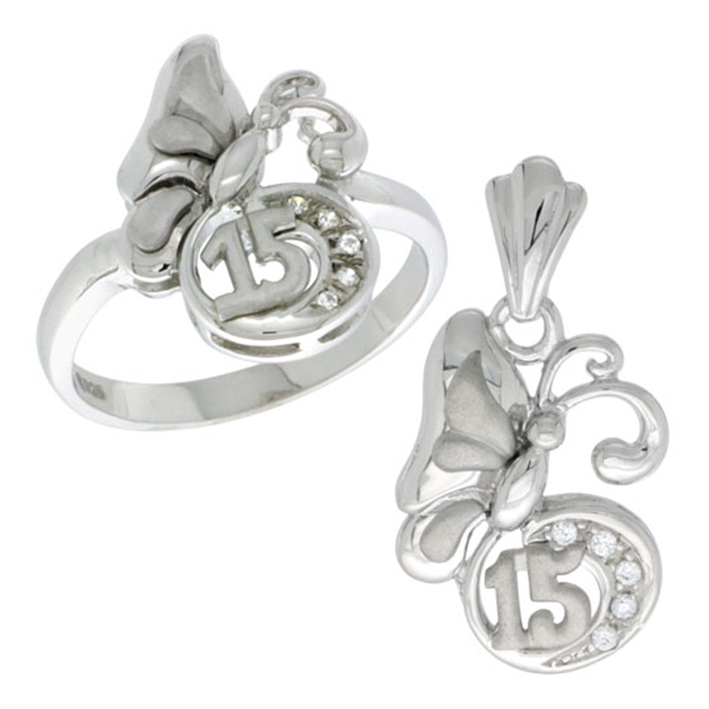 Sterling Silver Quinceanera 15 Anos Butterfly Ring &amp; Pendant Set CZ Stones Rhodium Finished