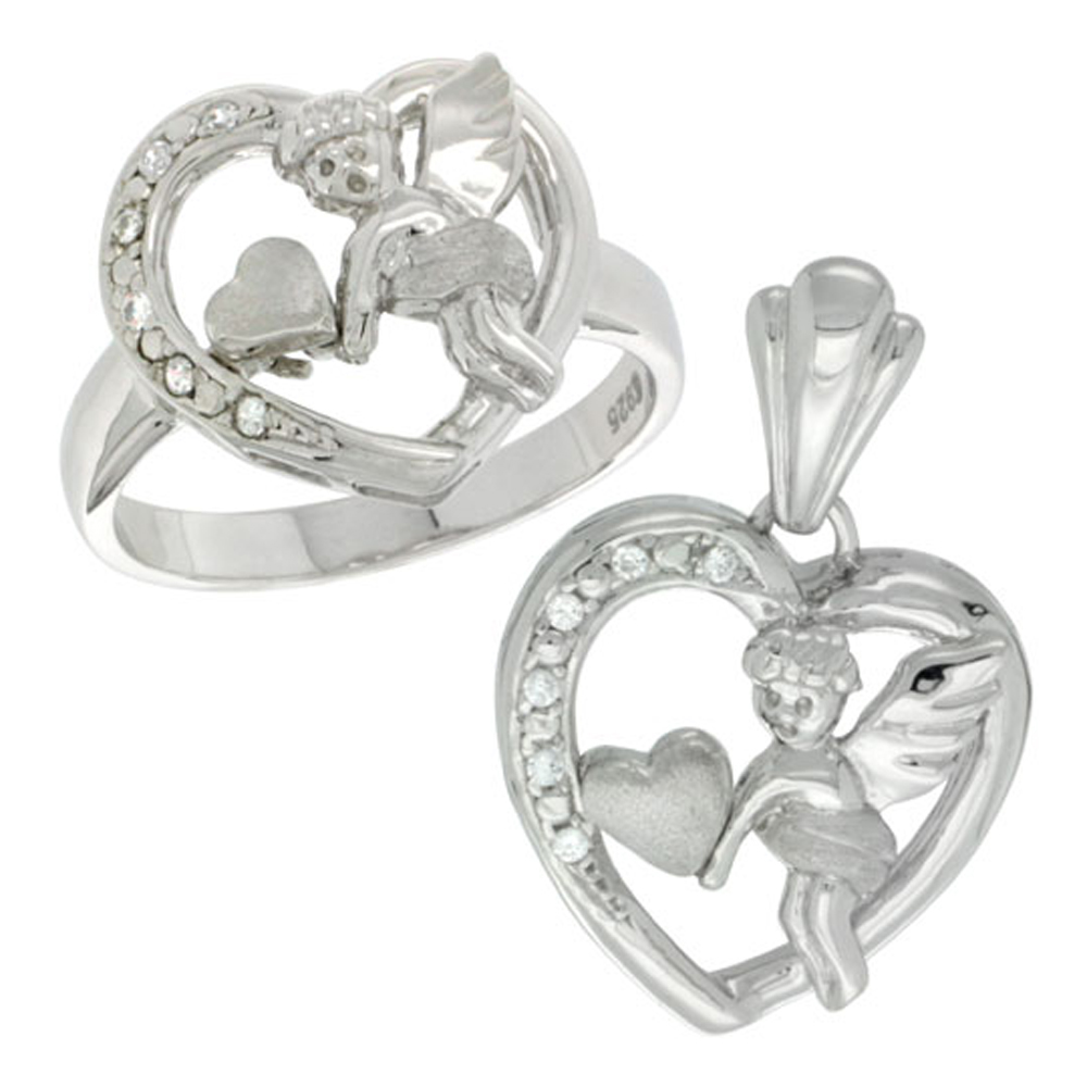 Sterling Silver Cupid Heart Ring &amp; Pendant Set CZ Stones Rhodium Finished