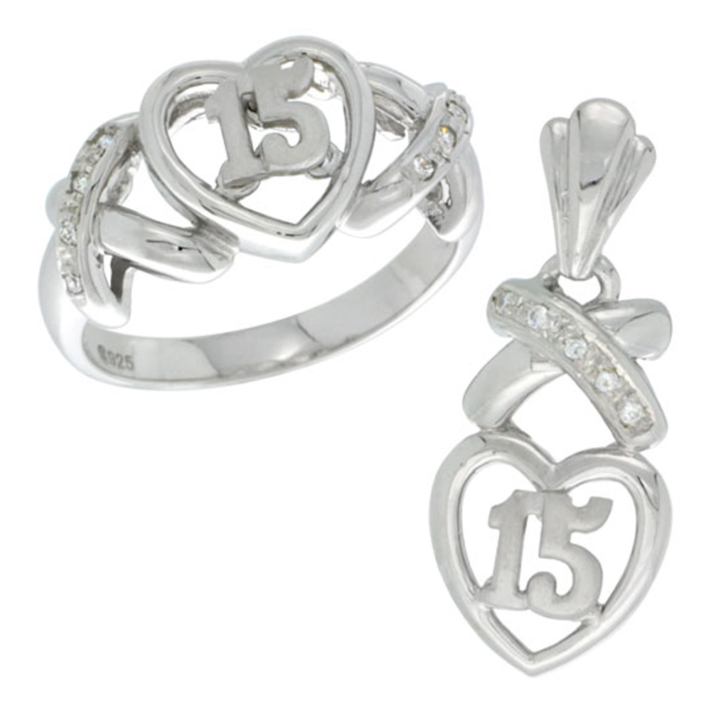 Sterling Silver Quinceanera 15 Anos Heart Ring & Pendant Set CZ Stones CZ stones Rhodium Finished
