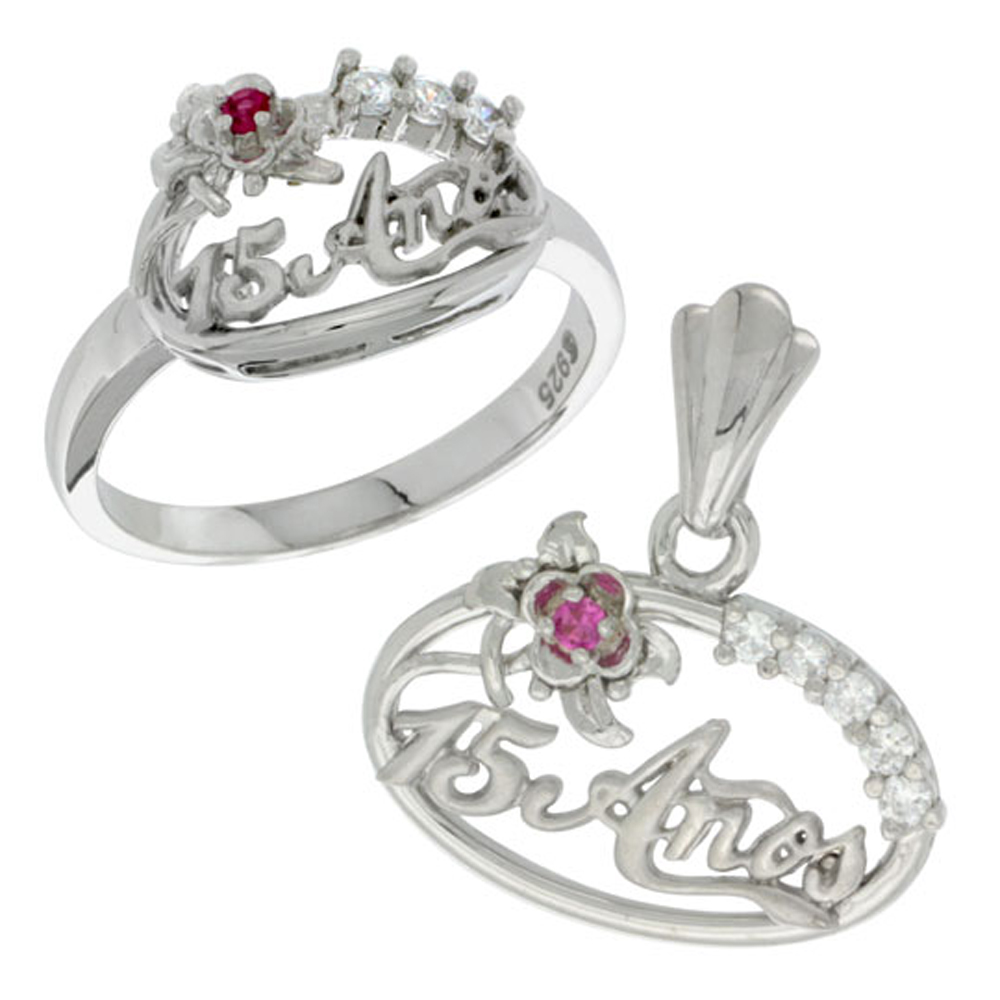 Sterling Silver Quinceanera 15 Anos Flower Ring & Pendant Set CZ Stones Rhodium Finished