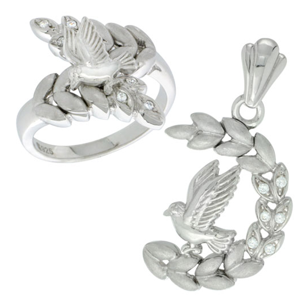 Sterling Silver Dove on Olive Branch Ring &amp; Pendant Set CZ Stones Rhodium Finished