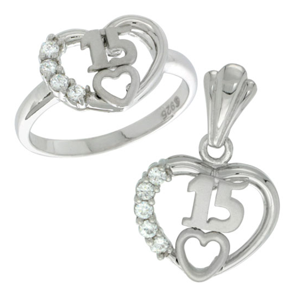 Sterling Silver Quinceanera 15 Anos Heart Ring &amp; Pendant Set CZ Stones Rhodium Finished