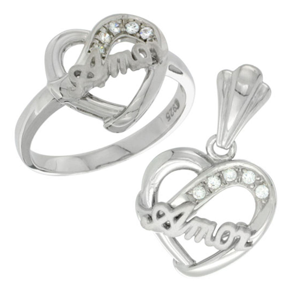 Sterling Silver AMOR Heart Ring & Pendant Set CZ Stones Rhodium Finished