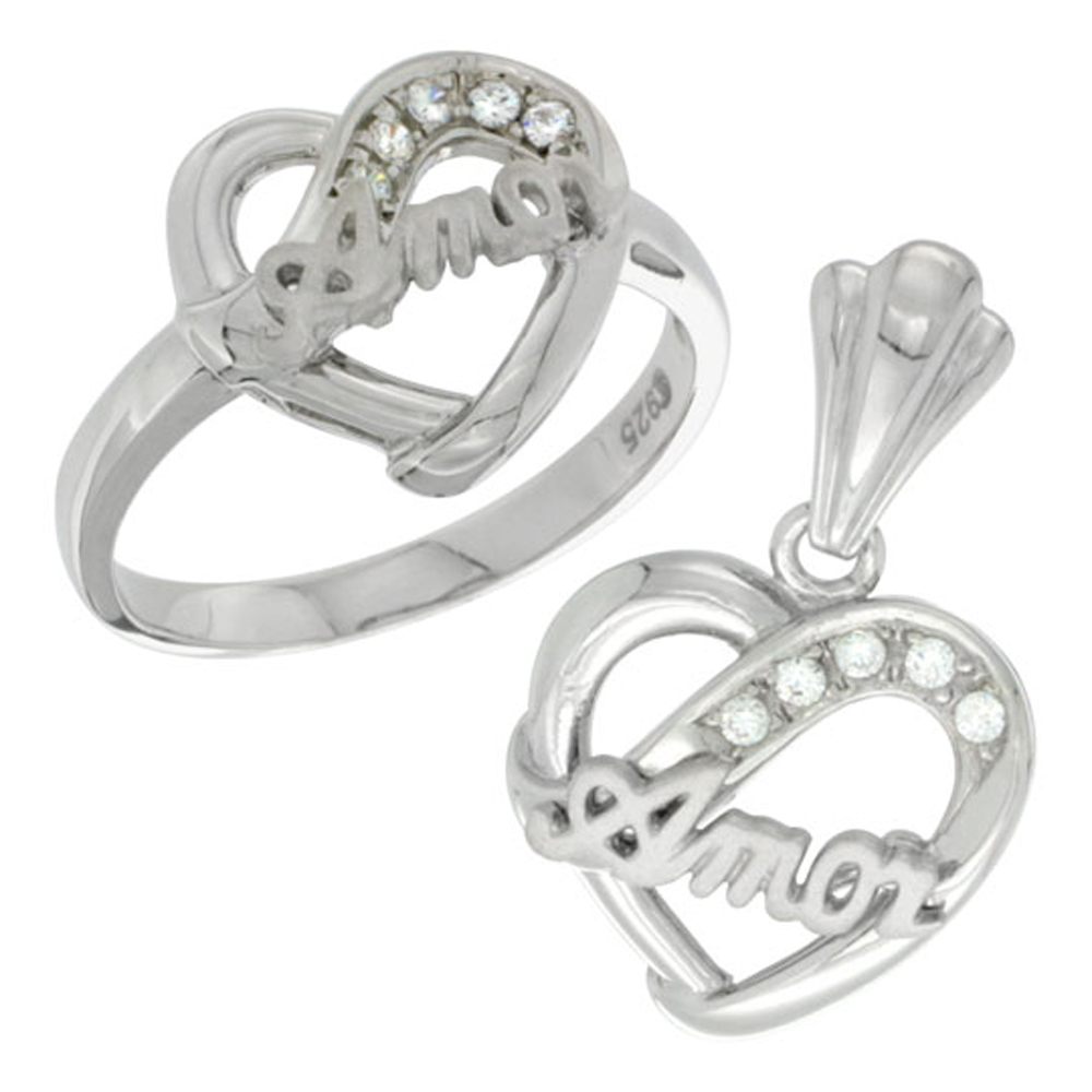 Sterling Silver AMOR Heart Ring &amp; Pendant Set CZ Stones Rhodium Finished