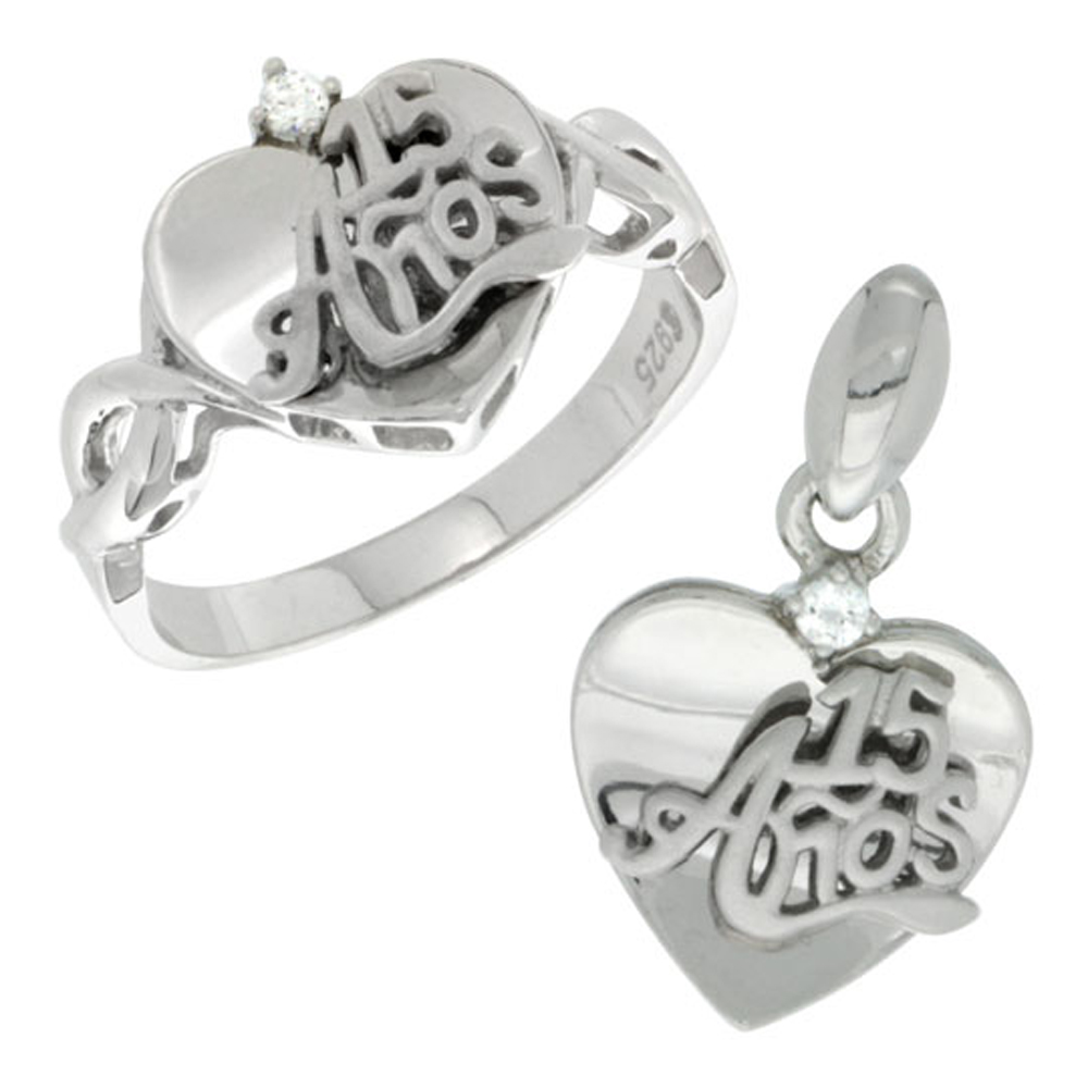 Sterling Silver Quinceanera 15 Anos Heart Ring &amp; Pendant Set CZ Stones Rhodium Finished