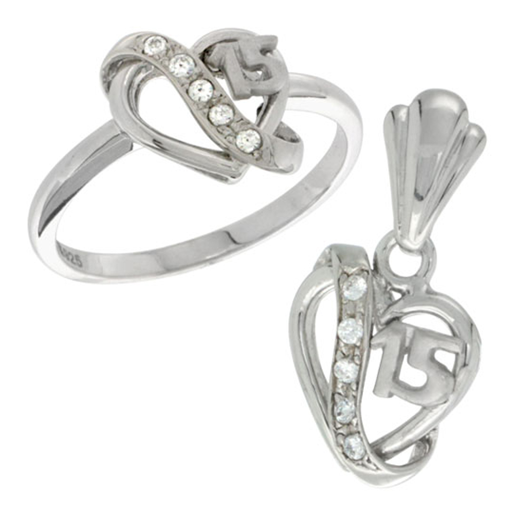 Sterling Silver Quinceanera 15 Anos Heart Ring &amp; Pendant Set CZ Stones Rhodium Finished