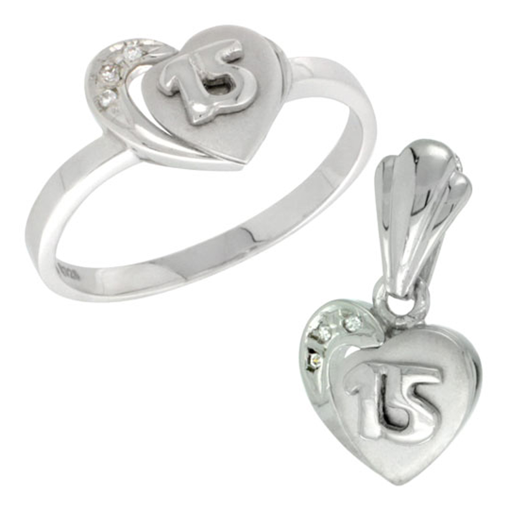 Sterling Silver Quinceanera 15 Anos Heart Ring & Pendant Set CZ Stones Rhodium Finished