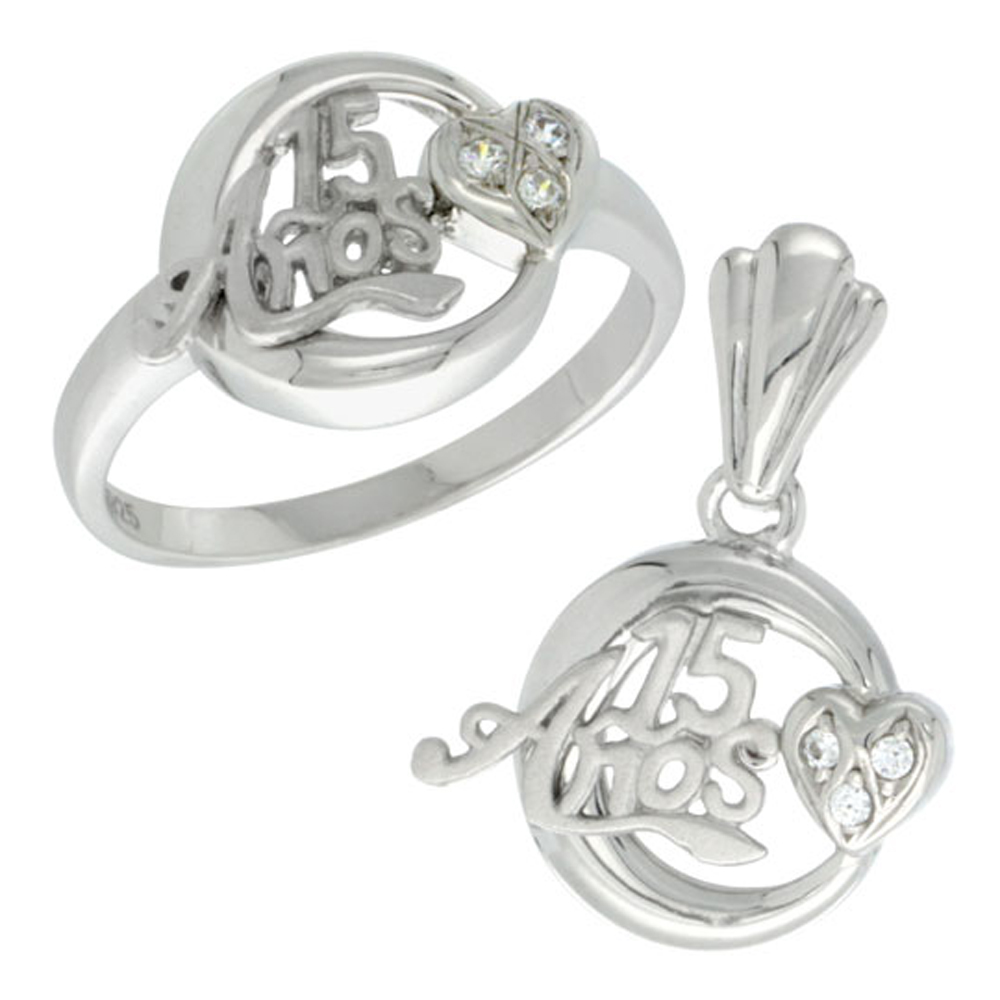 Sterling Silver Quinceanera 15 Anos Heart Ring &amp; Pendant Set CZ Stones Rhodium Finished