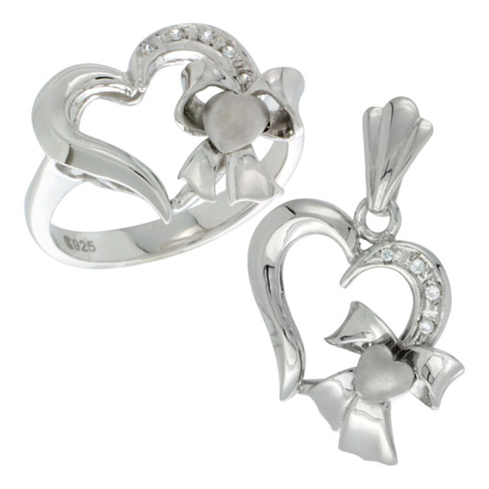Sterling Silver Heart Bow Heart Ring & Pendant Set CZ Stones Rhodium Finished