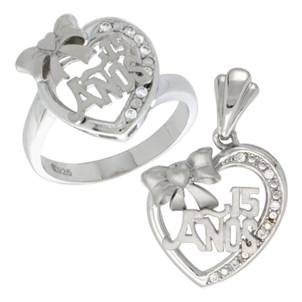 Sterling Silver Quinceanera 15 Anos Bow Heart Ring &amp; Pendant Set CZ Stones Rhodium Finished