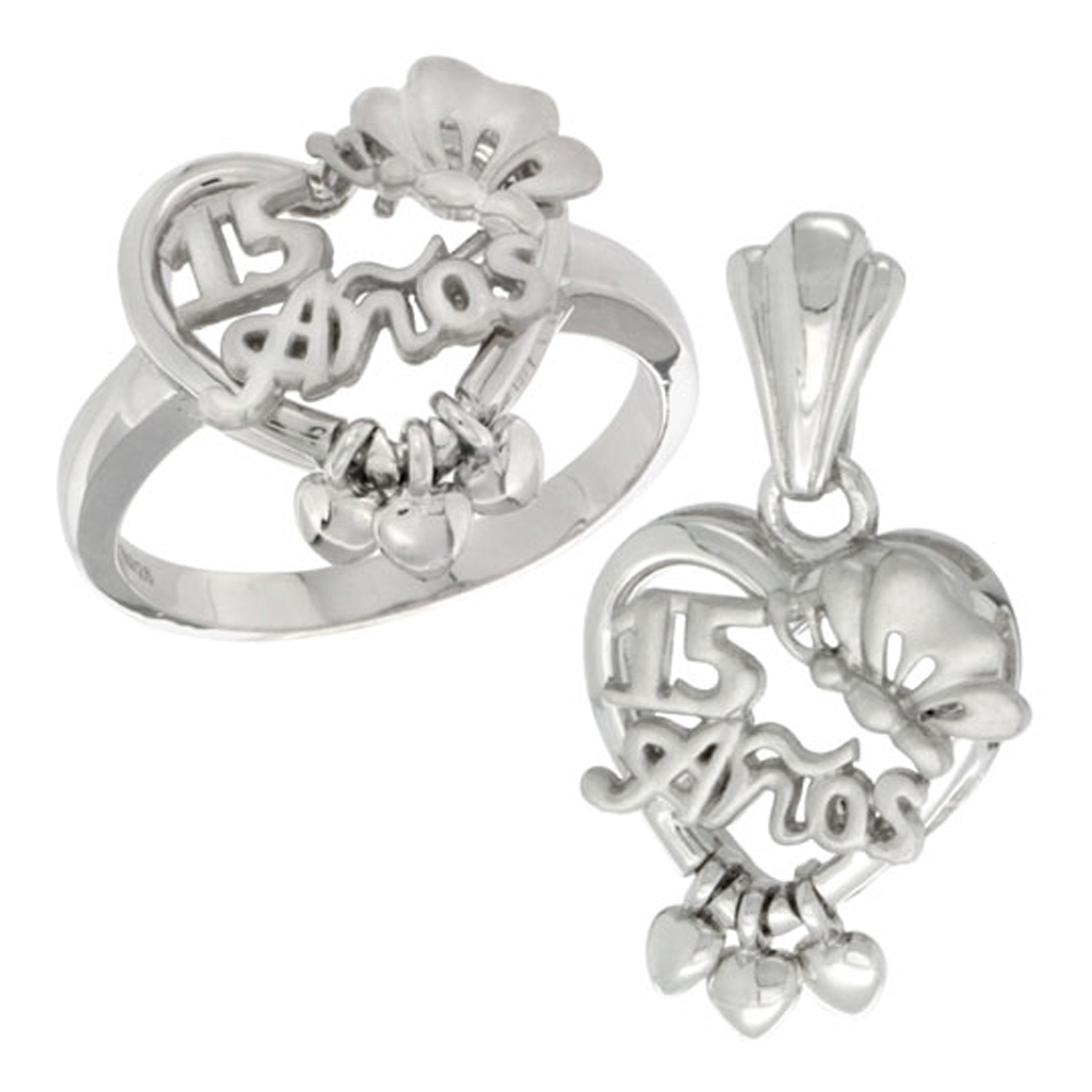 Sterling Silver Quinceanera 15 Anos Butterfly Triple Hearts Ring & Pendant Set, Rhodium Finished