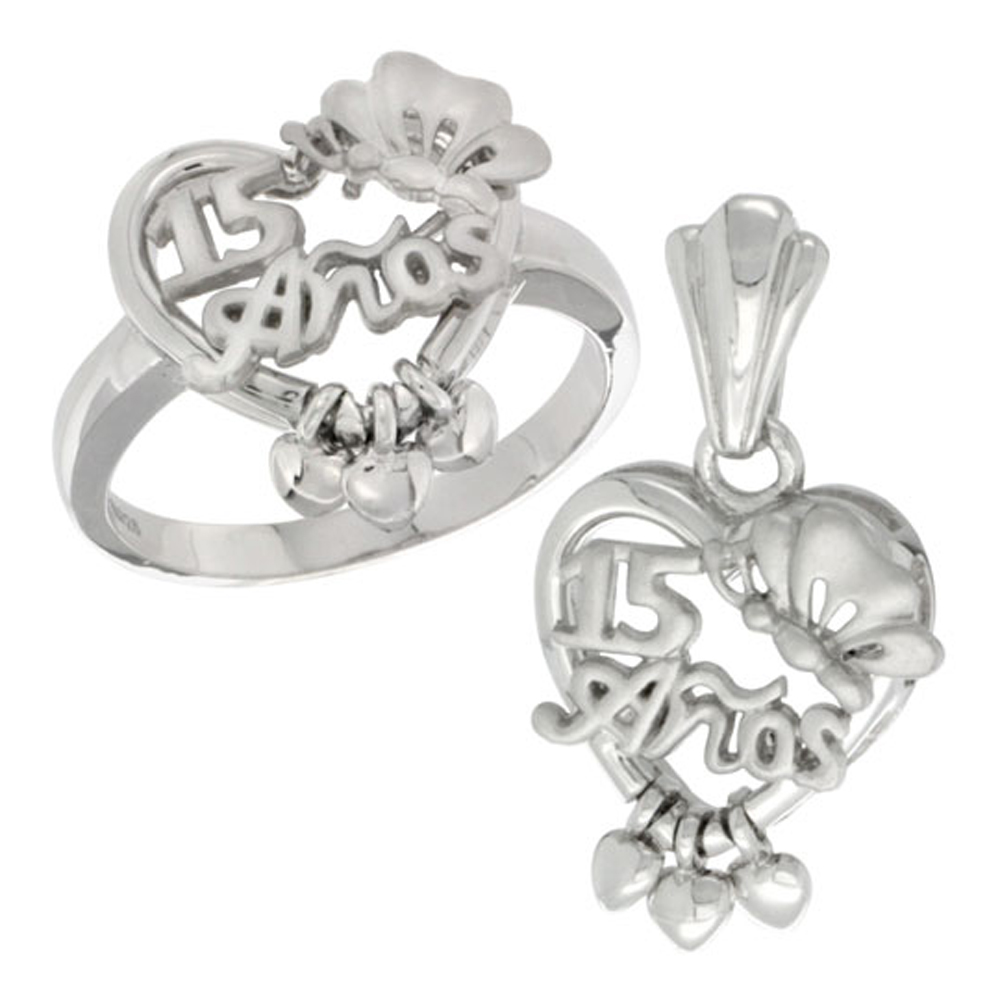 Sterling Silver Quinceanera 15 Anos Butterfly Triple Hearts Ring &amp; Pendant Set, Rhodium Finished