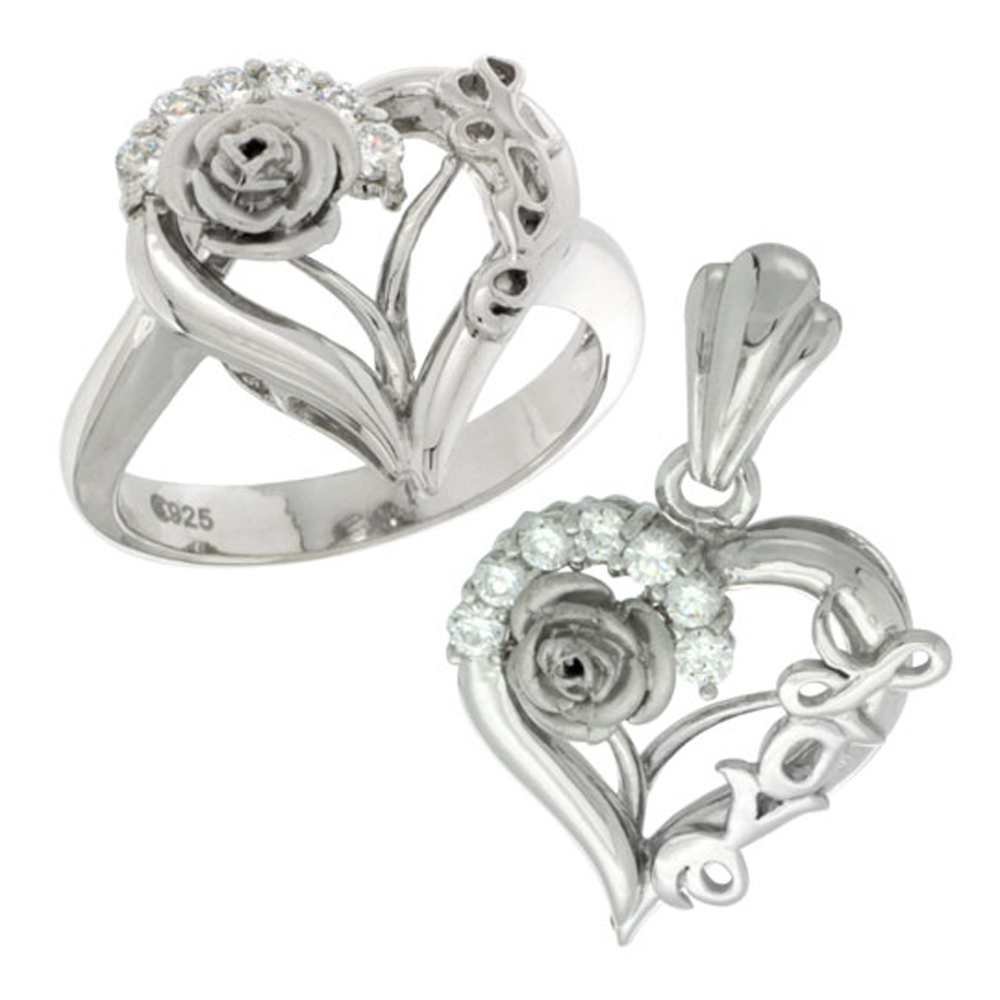 Sterling Silver LOVE Rose Heart Ring &amp; Pendant Set CZ Stones Rhodium Finished