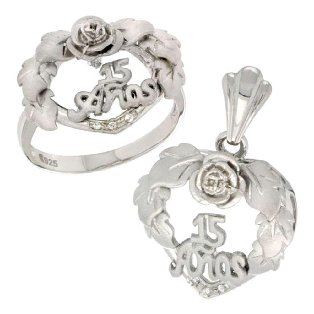Sterling Silver Quinceanera 15 Anos Heart Wreath Ring & Pendant Set CZ Stones Rhodium Finished