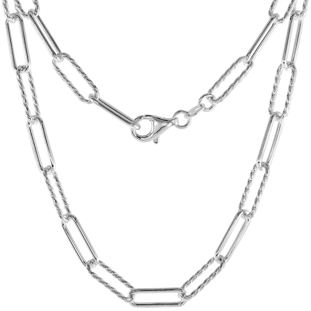 Sterling Silver 5mm Alternating Twisted Link Paperclip Chain Necklace for Women Nickel Free Italy 7-30 inch