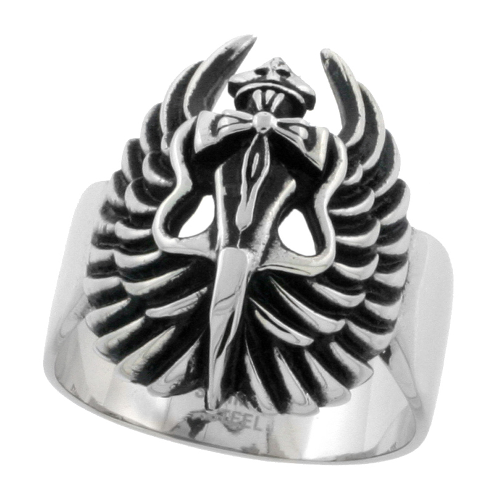 STAINLESS STEEL DAGGER CROSS & WINGS BIKER RING FOR MEN 1 1/16 INCH SIZES 9 - 15
